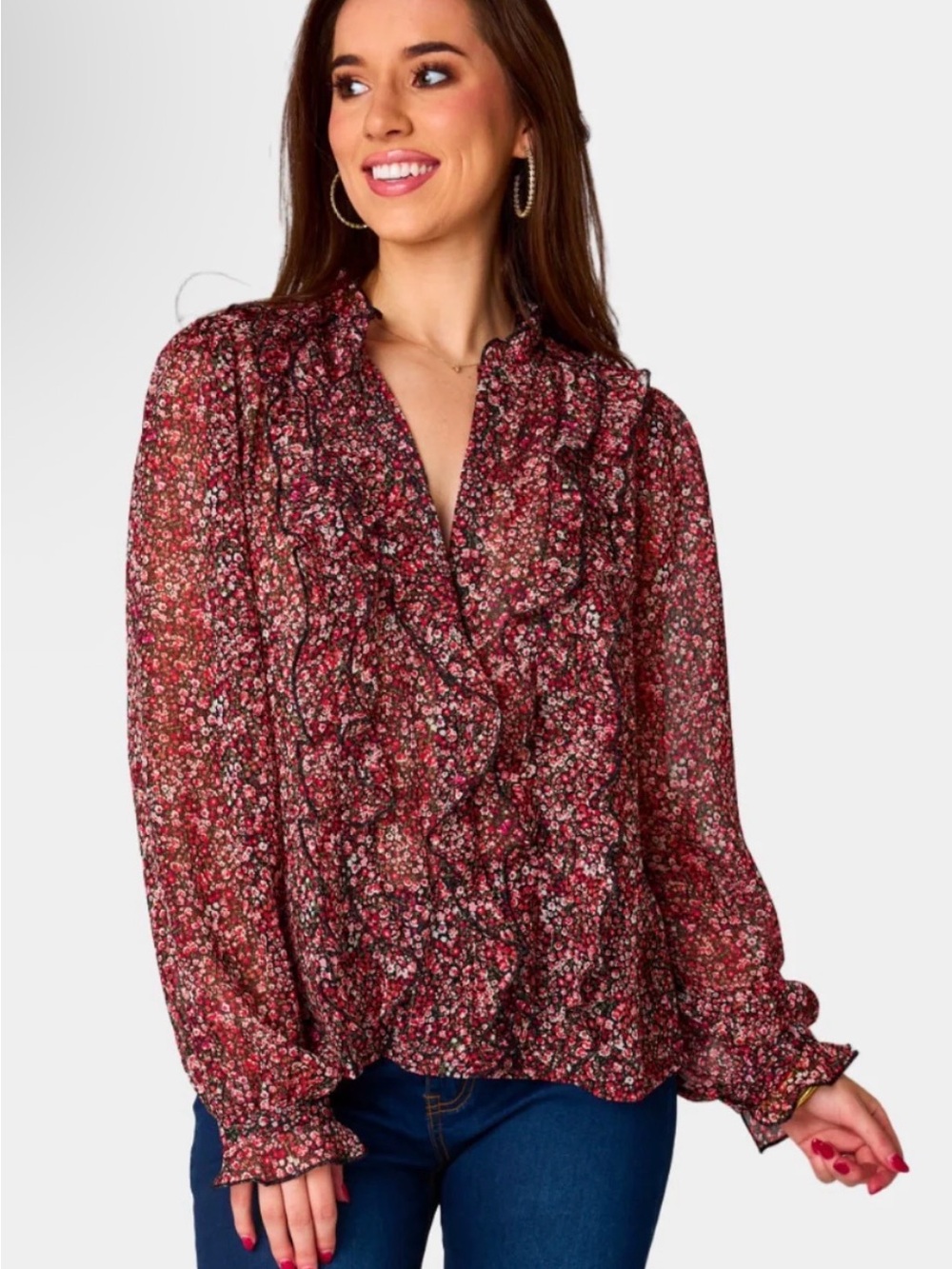 LOFT Burgundy sheer Floral Ruffle V-Neck Blouse, sz M, euc